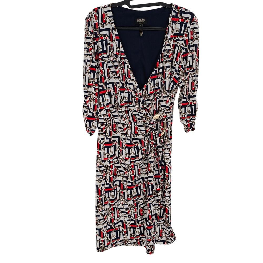 Laundry Shelli Segal Red Geometric Print Wrap Cocktail Dress M Classic Preppy